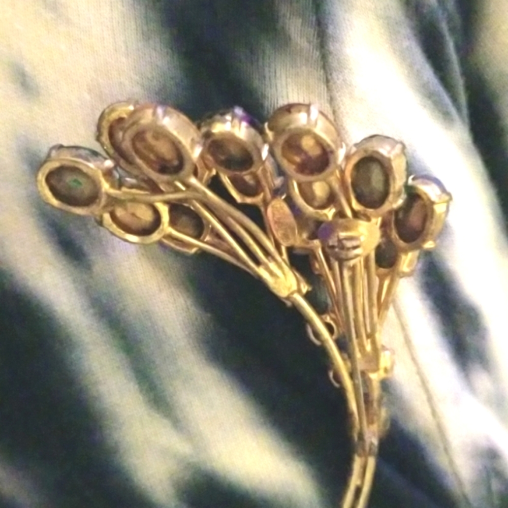 Vtg 50's CZECH Glass  Bouquet Gem Stones Multi Colorful Rare Gold Marked Brooch - Picture 3 of 9